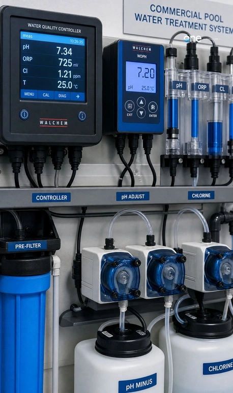 Pool pump and filtration equipment at a commercial aquatic facility by a pool