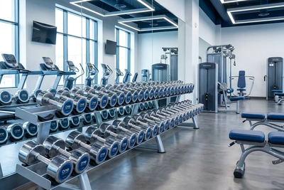 Row of dumbbells on a rack in a premium fitness centre facility