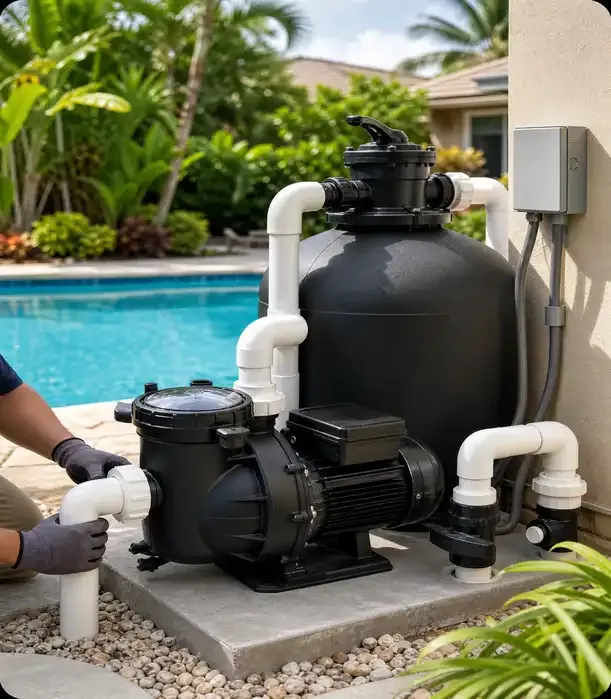 Pool pump installation technician working on a pool pump in South Yarra
